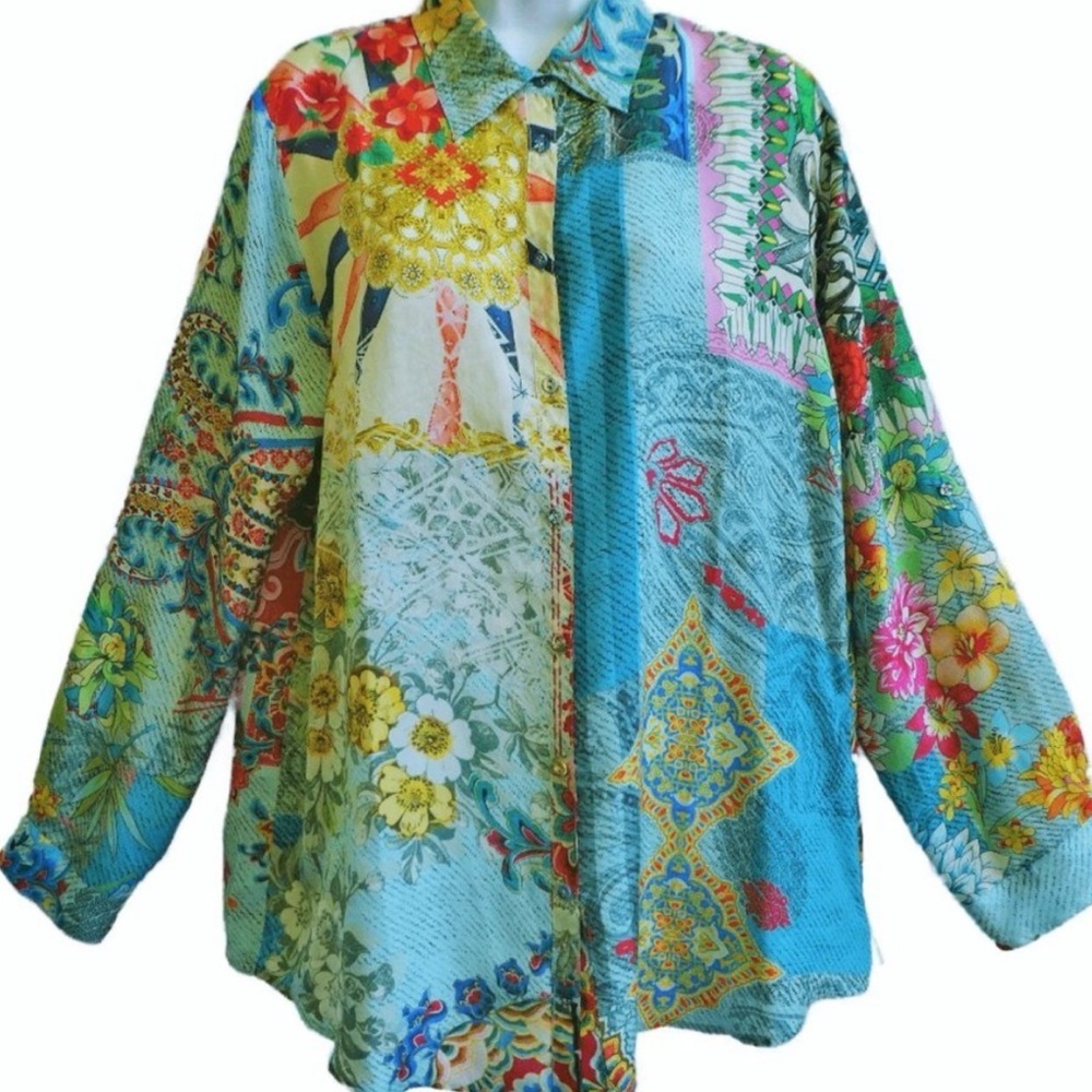 Johnny Was Aria Patchwork silk shirt NWT
